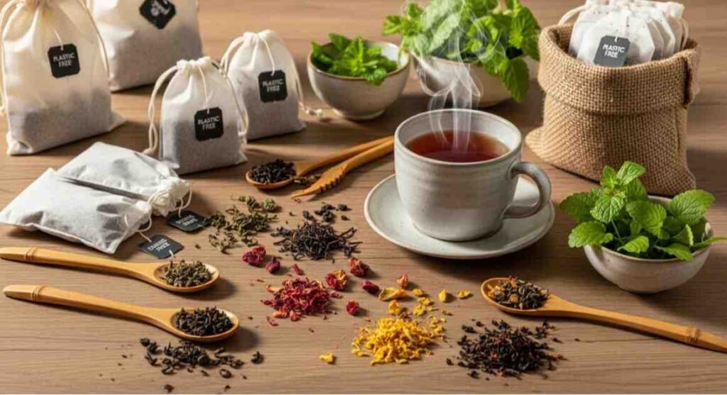 Plastic Free Tea Bag Brands displayed with eco-friendly packaging, steaming tea, and loose tea leaves in a realistic and cozy setup.