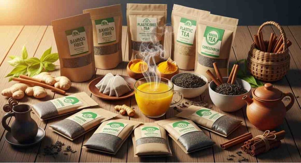 Plastic Free Tea Bag Brands displayed with biodegradable packaging, loose tea leaves, and a steaming cup of tea in a cozy, realistic, and user-friendly setup.