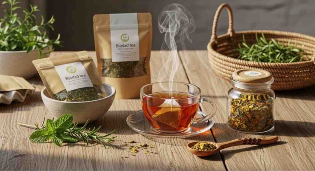 Plastic Free Tea Bag Brands with biodegradable packaging, loose tea leaves, and a steaming cup of tea in a cozy, realistic, and user-friendly setup.