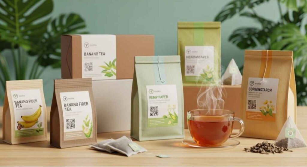 Realistic image showing biodegradable, plastic-free tea packaging with natural materials and QR-coded labels, symbolizing the future of sustainable and eco-friendly tea brands.