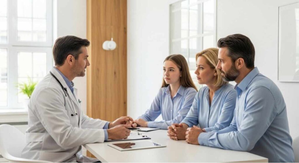 A plastic surgeon discussing legal age and parental consent with a teenage girl and her parents — explaining what age can you get plastic surgery safely and responsibly.