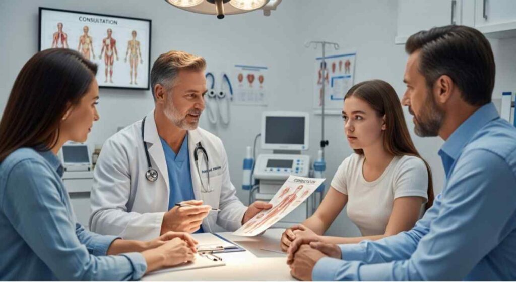 A plastic surgeon discussing procedure-specific age guidelines with a teenage patient and parents — explaining what age can you get plastic surgery safely.