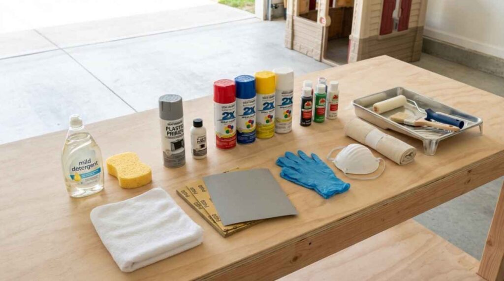 Painting Plastic Playhouse materials and tools including plastic-safe paint, primer, sandpaper, cleaning supplies, gloves, and drop cloth arranged for a DIY project