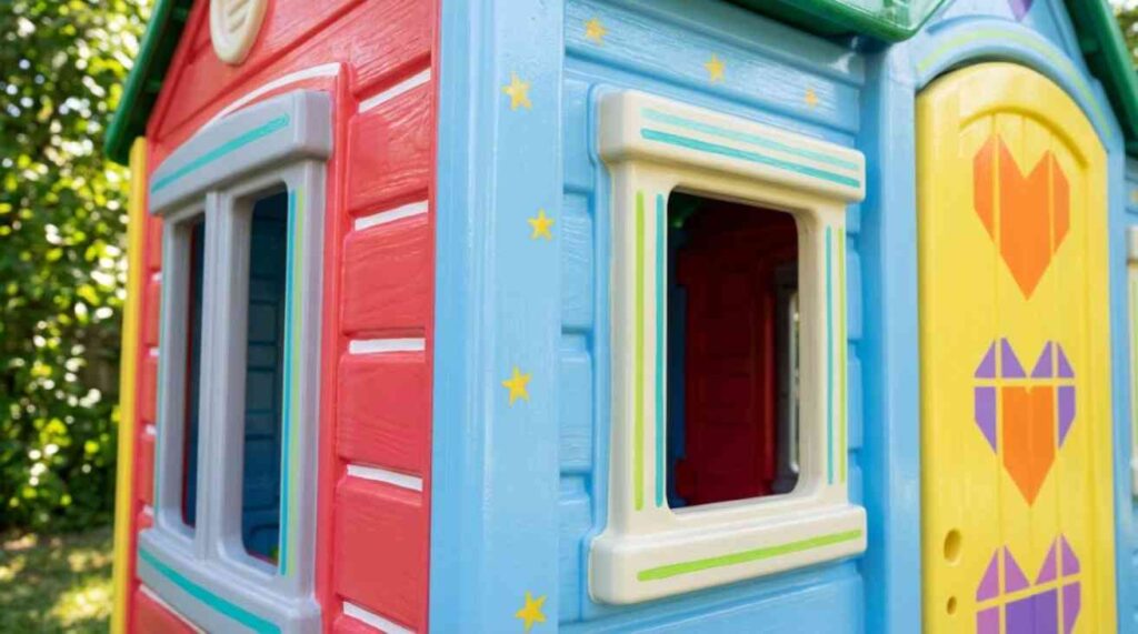 Painting Plastic Playhouse with creative color inspiration, showing bright playful shades, modern trims, and child-friendly painted details
