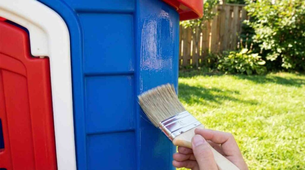 Painting Plastic Playhouse sealing process showing clear protective topcoat applied for UV resistance, durability, and long-lasting finish