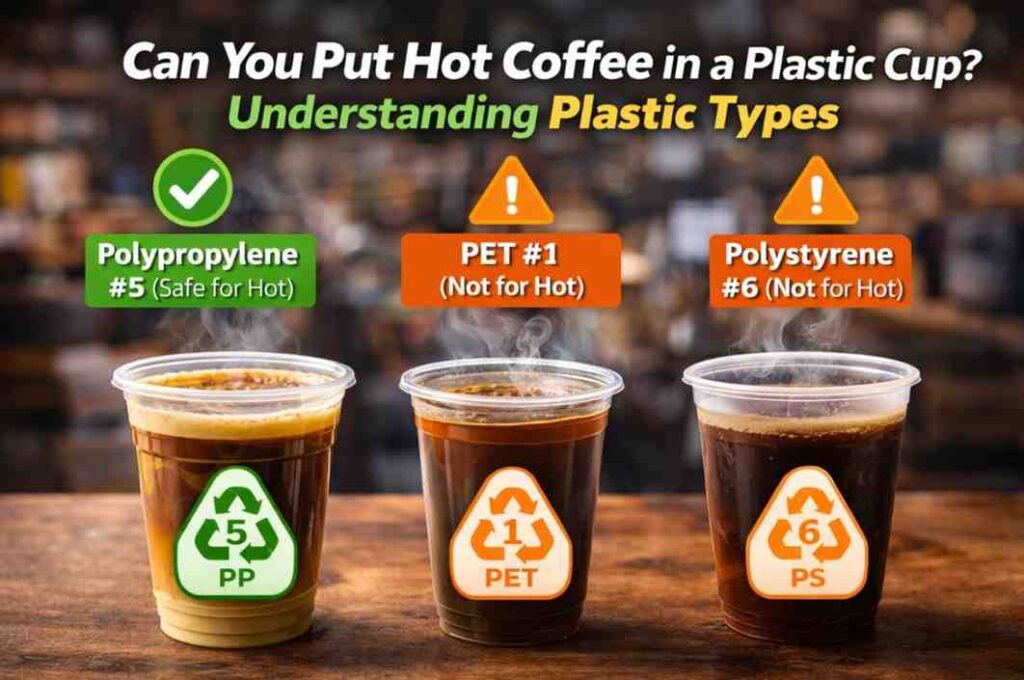 Comparison image showing different plastic cup types, highlighting heat-safe polypropylene (#5) and unsafe PET (#1) and polystyrene (#6) cups when used for hot coffee