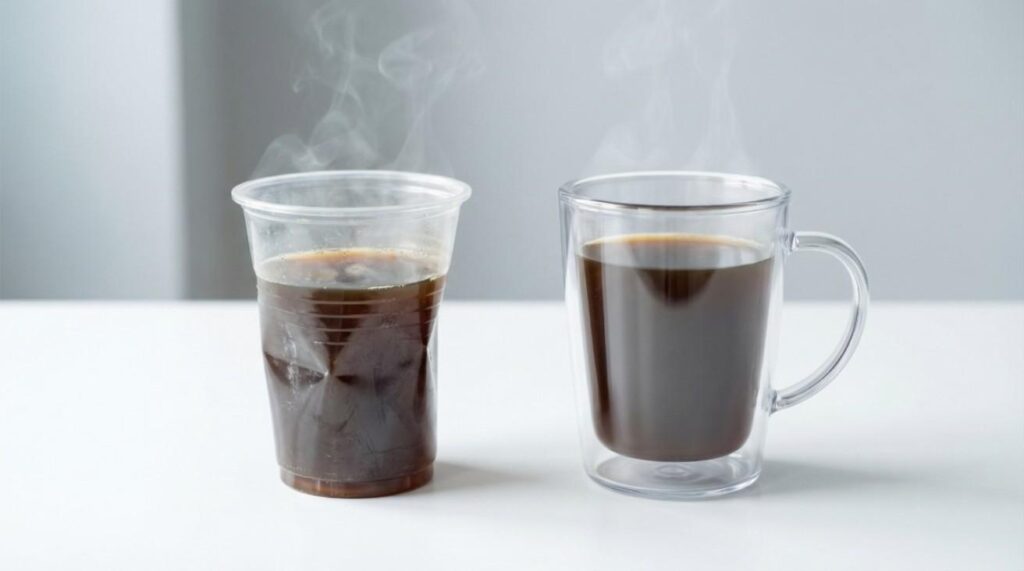 Realistic image showing hot coffee in plastic cups, highlighting potential health risks such as chemical exposure, microplastic release, and damage from heat