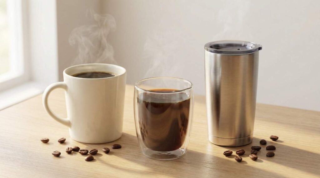 Realistic image showing safer alternatives to plastic cups, including a ceramic mug, glass cup, and stainless steel tumbler with steaming hot coffee on a clean table