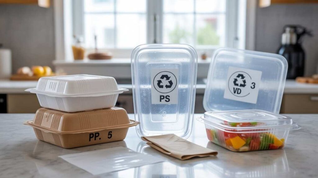 Various plastic containers on a kitchen counter showing safe polypropylene and unsafe plastics with scratches, cloudiness, or warping