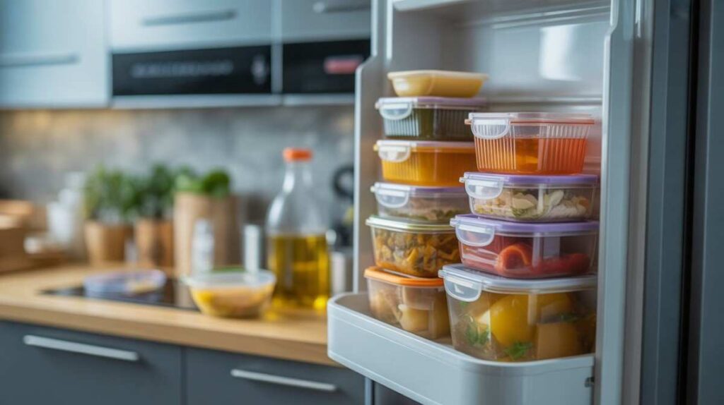 Warm food stored in plastic containers on a kitchen counter and in a fridge, showing common convenience and potential safety concerns