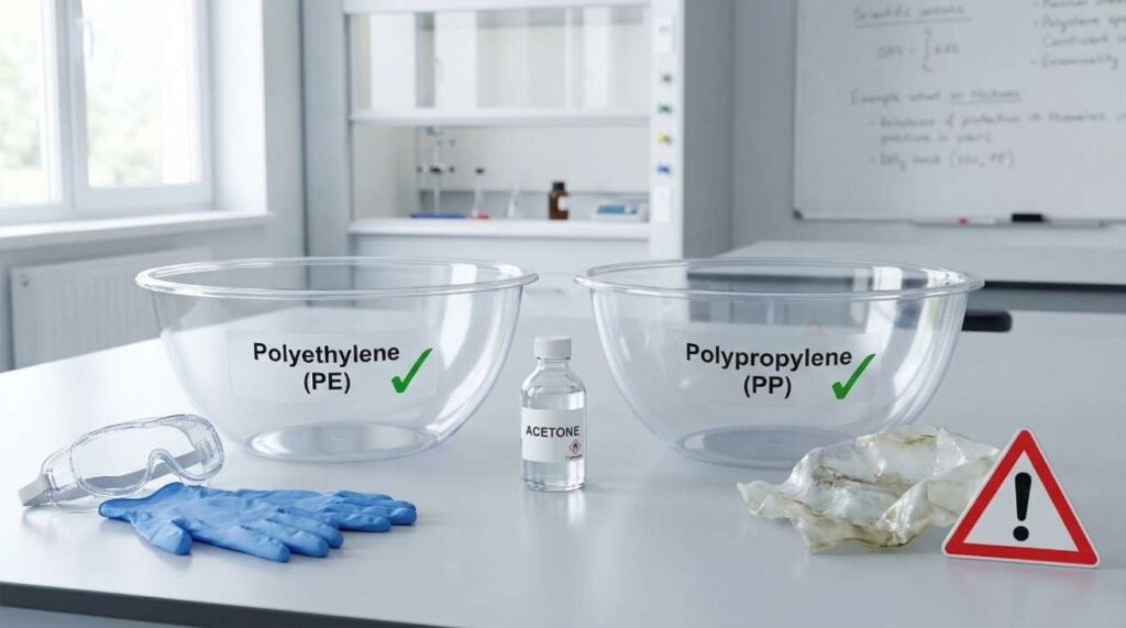 Acetone-resistant plastics like polyethylene and polypropylene shown with safety precautions