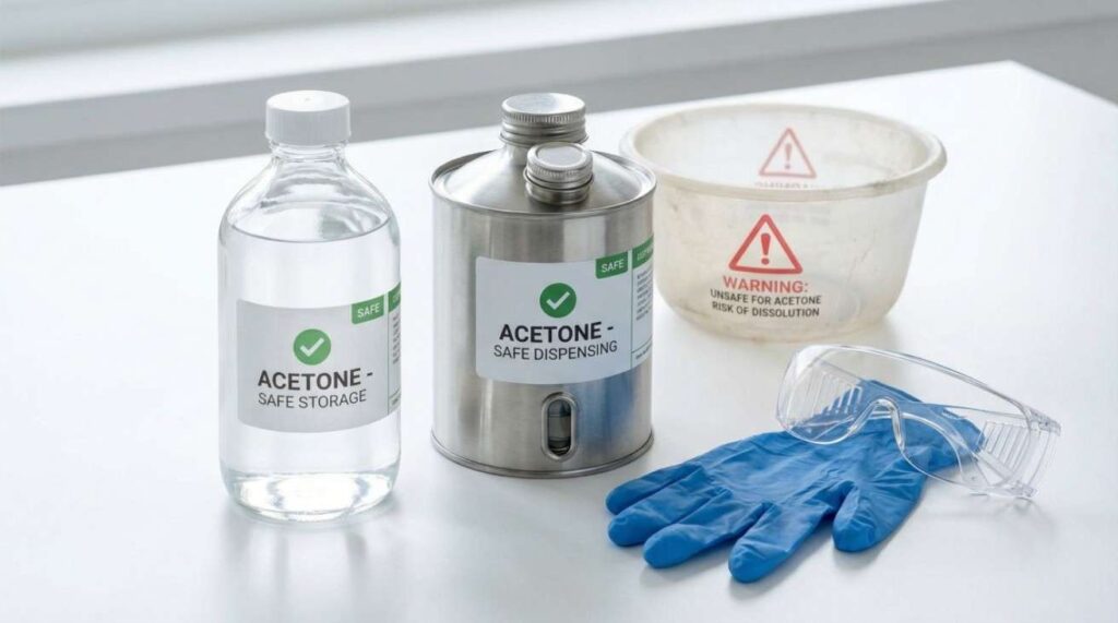 Safe acetone handling tips showing proper containers, ventilation, and protective equipment