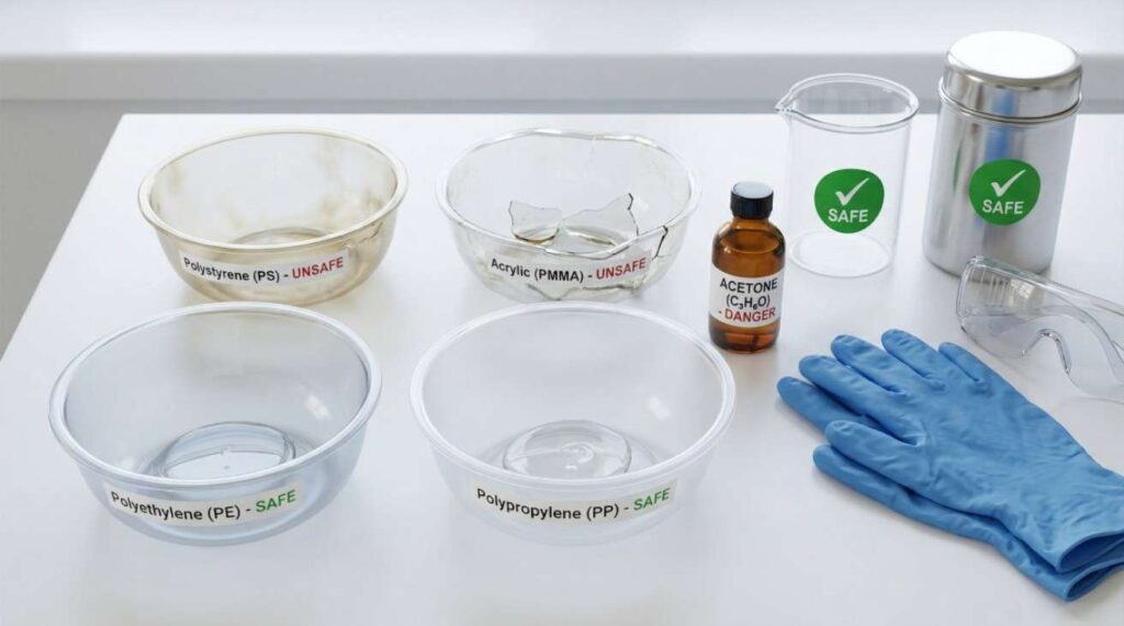 Plastic, glass, and metal bowls showing safe and unsafe containers for oils and acetone handling