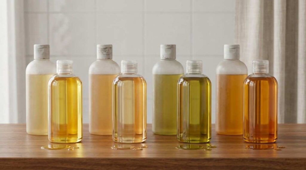 Realistic image showing hair oil stored in various plastic bottles, highlighting differences between high-quality HDPE/PET bottles and low-quality plastics under proper storage conditions