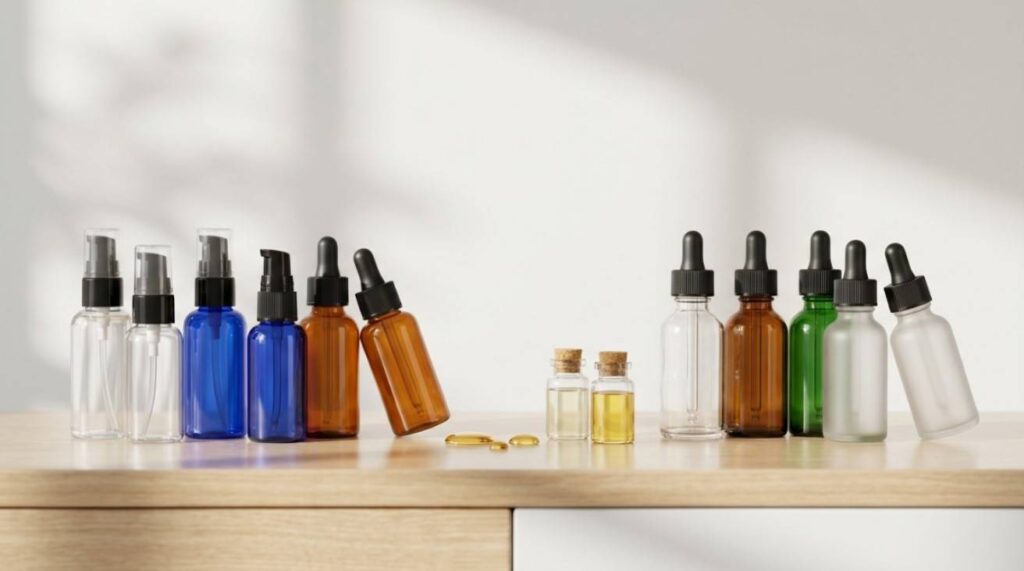 Comparison image showing plastic and glass bottles used for storing hair oil, highlighting differences in durability, chemical stability, and suitability for long-term storage