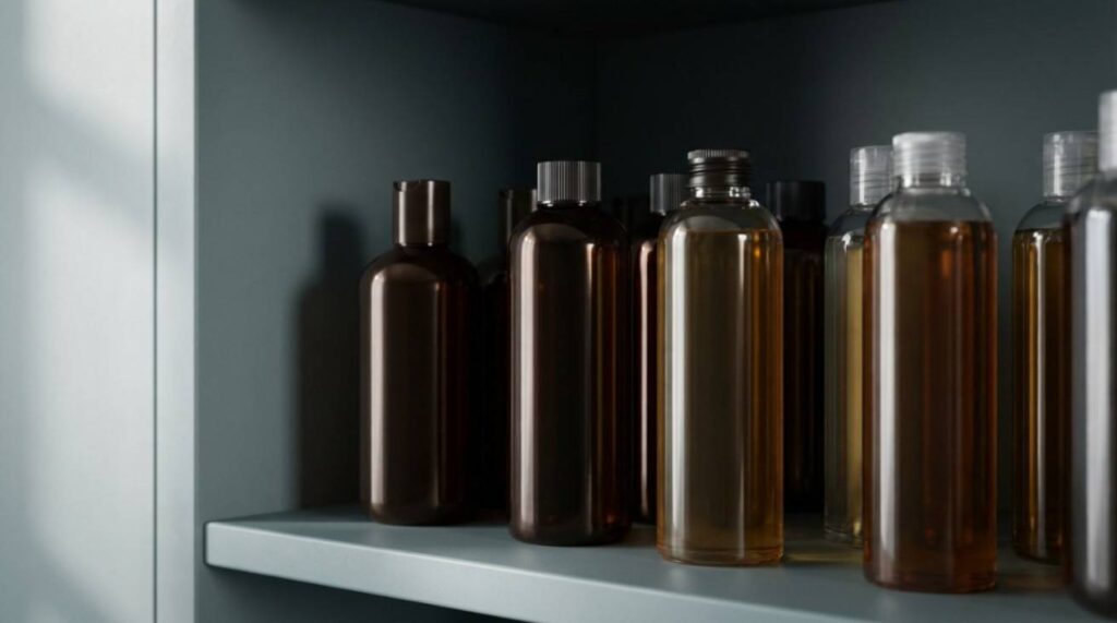 Realistic image showing best practices for storing hair oil in plastic bottles, including airtight sealed HDPE and PET bottles kept in a cool, dark environment to preserve oil quality