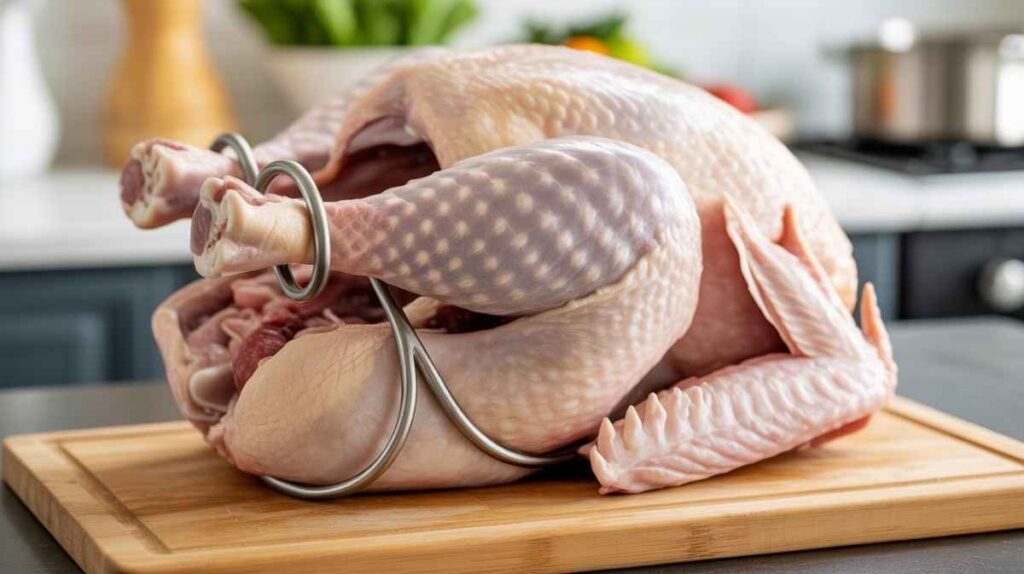 Oven-safe turkey leg holder securing turkey legs before roasting, showing when it might be safe to leave plastic on — can I cook the turkey with the plastic leg holder.