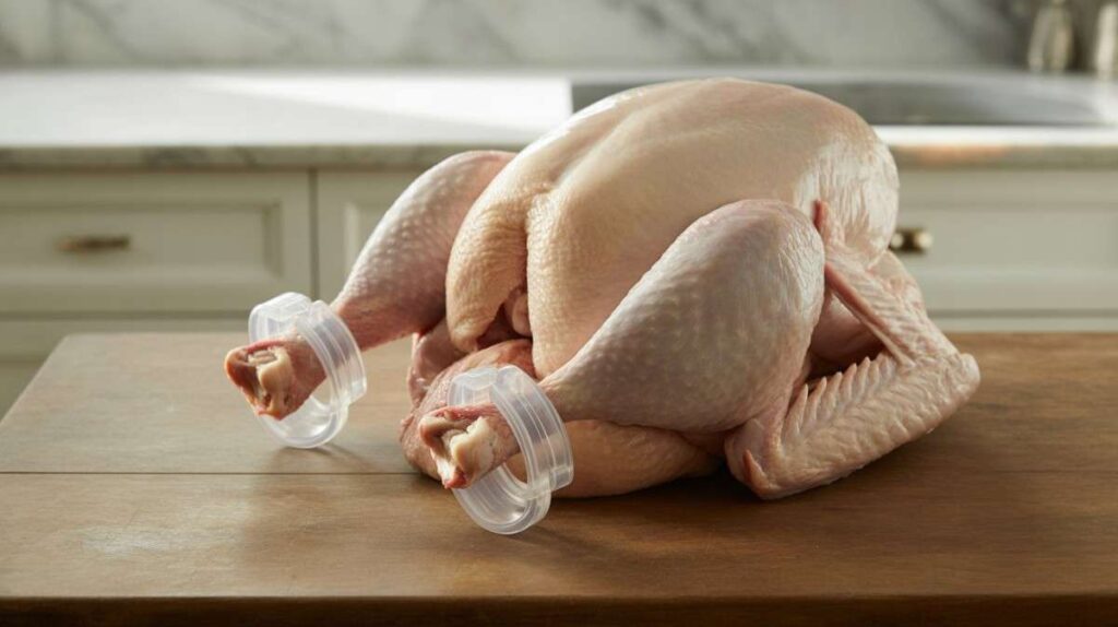Realistic image of a turkey showing the plastic leg holder (hock lock) attached to the legs.