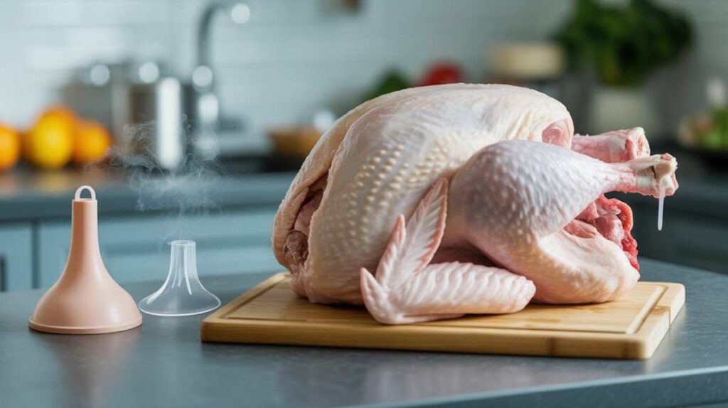 Raw turkey with melted plastic leg holder showing why cooking turkey with plastic leg holders is risky — can I cook the turkey with the plastic leg holder.