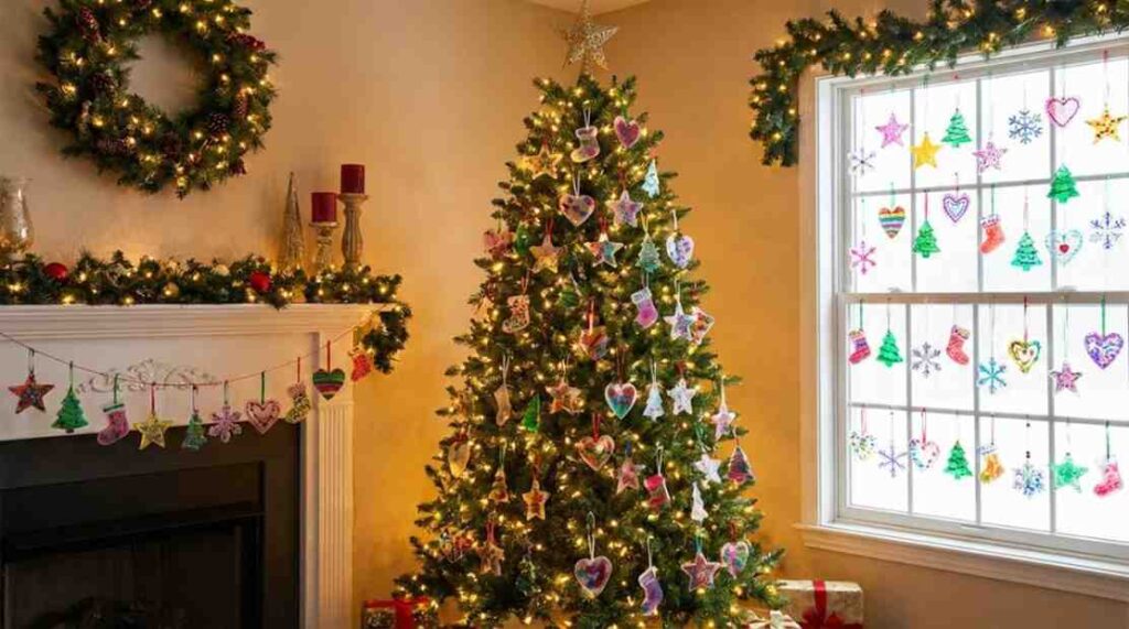 Colorful DIY Melt Plastic Cup Ornaments in stars, hearts, and snowflakes, decorated with markers, glitter, and beads, displayed on a Christmas tree and garlands.