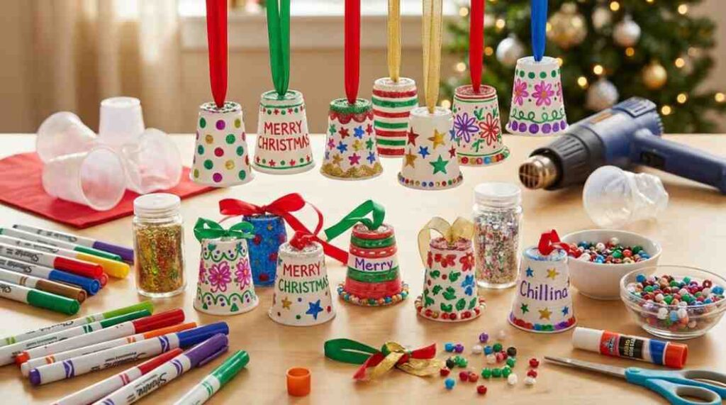 Colorful DIY Melt Plastic Cup Ornaments decorated with markers, glitter, and beads, ready to hang as creative holiday decorations.