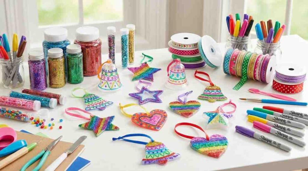 Colorful Melt Plastic Cup Ornaments in various shapes displayed with markers, glitter, and ribbons, showcasing DIY, eco-friendly, and creative craft advantages."