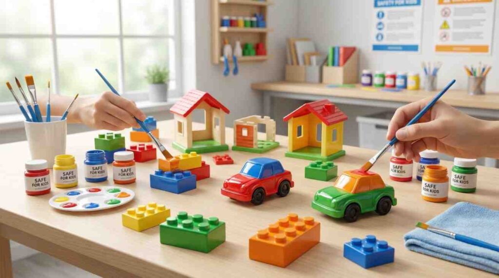 Plastic Toy Frame Paint being applied to colorful toy frames, showing smooth, vibrant colors, child-safe setup, and professional-quality finish