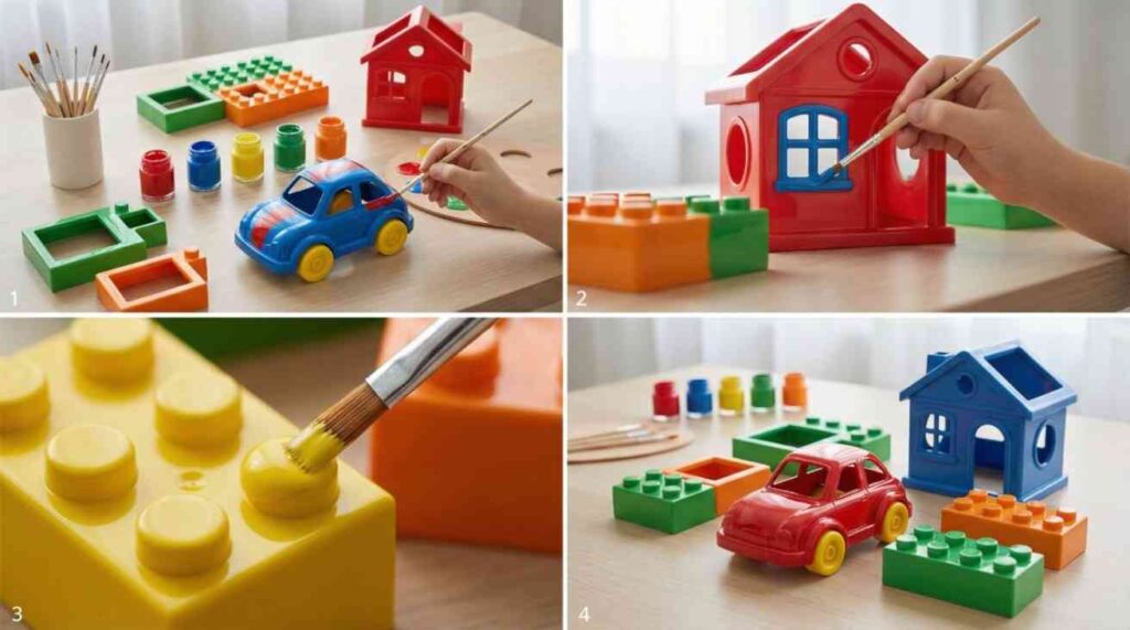 Plastic Toy Frame Paint applied on colorful plastic toy frames, showing smooth, glossy finish, vibrant colors, and child-safe professional painting setup