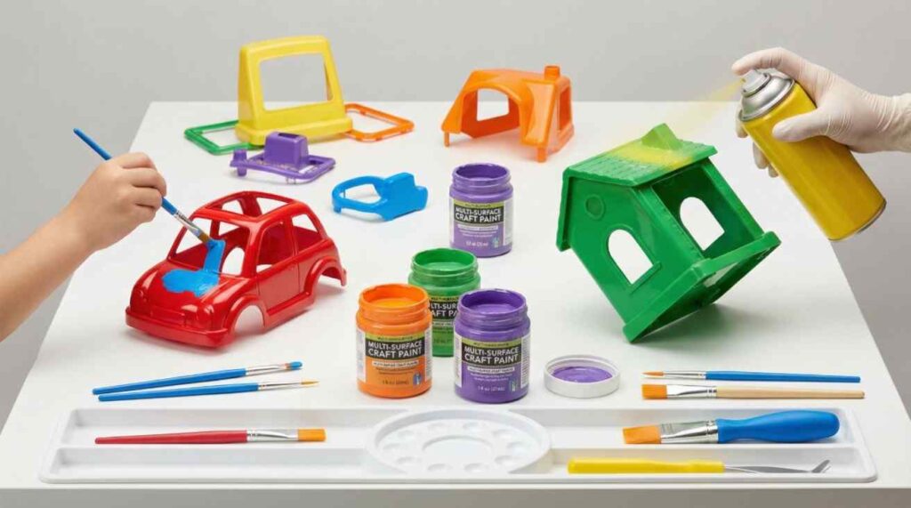 Different types of Plastic Toy Frame Paint applied on colorful toy frames, showing smooth, vibrant colors, child-safe materials, and professional painting setup