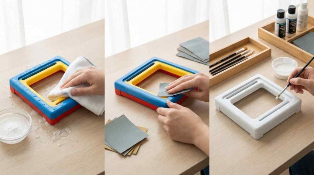 Plastic Toy Frame Paint preparation process showing cleaning, light sanding, and primer application on a colorful toy frame in a child-safe, organized workspace