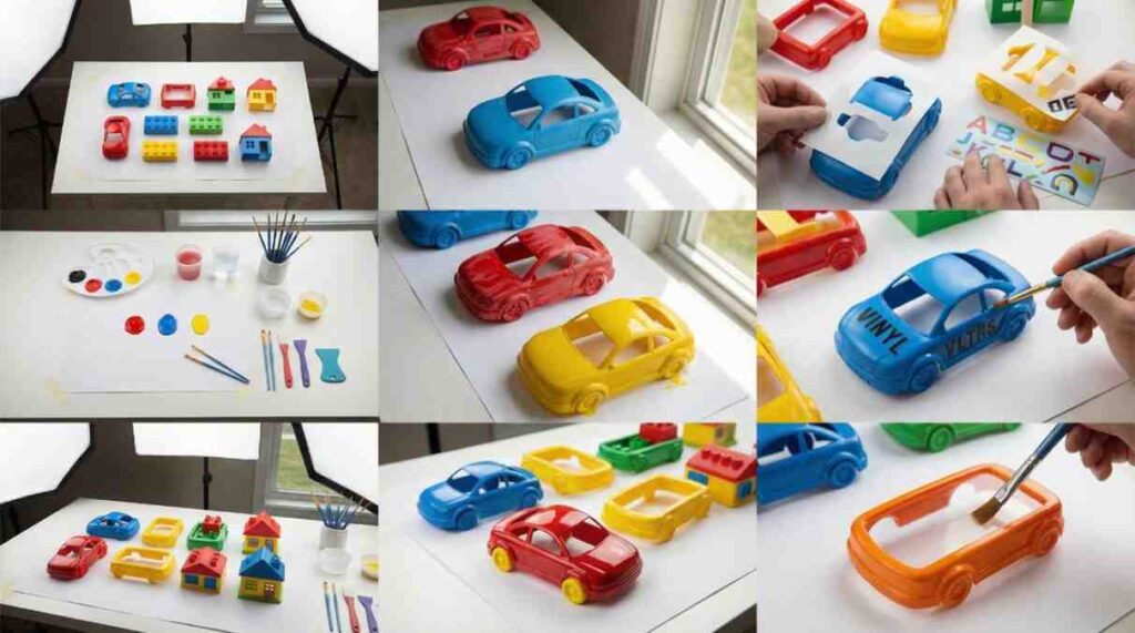 Plastic Toy Frame Paint being applied step-by-step on colorful toy frames, showing smooth finishes, decals, protective sealant, and a safe, organized painting setup