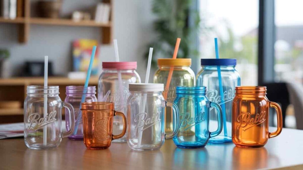 Realistic image of various plastic mason jar cups in different sizes with handles, lids, and straw holes, showing how to choose the right plastic mason jar cups.