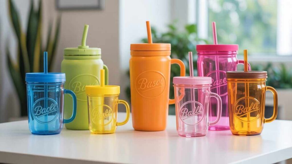 Realistic image of 7 plastic mason jar cups in different sizes with lids, straws, and handles, showing their durable, reusable, and stylish design, highlighting the benefits of plastic mason jar cups.