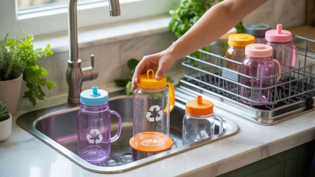 Realistic image of plastic mason jar cups being hand-washed and dishwasher cleaned, showing proper care and eco-friendly reusable design for sustainability.