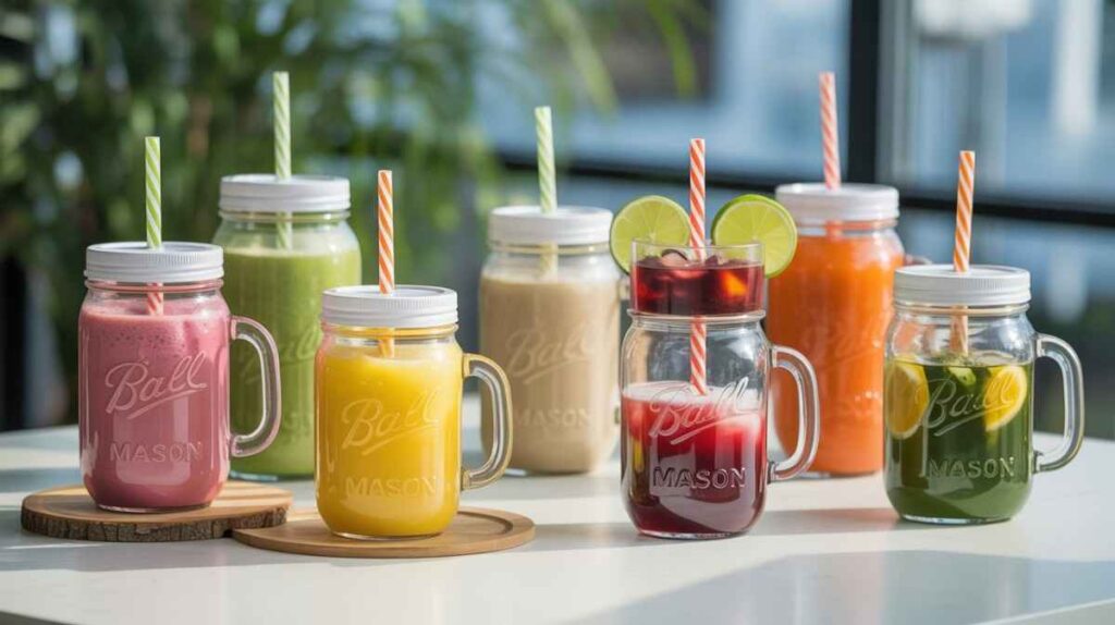 Realistic and attractive image of plastic mason jar cups in various sizes with lids, straws, and handles, filled with drinks, showing their durability and popularity for outdoor, family, and café use.