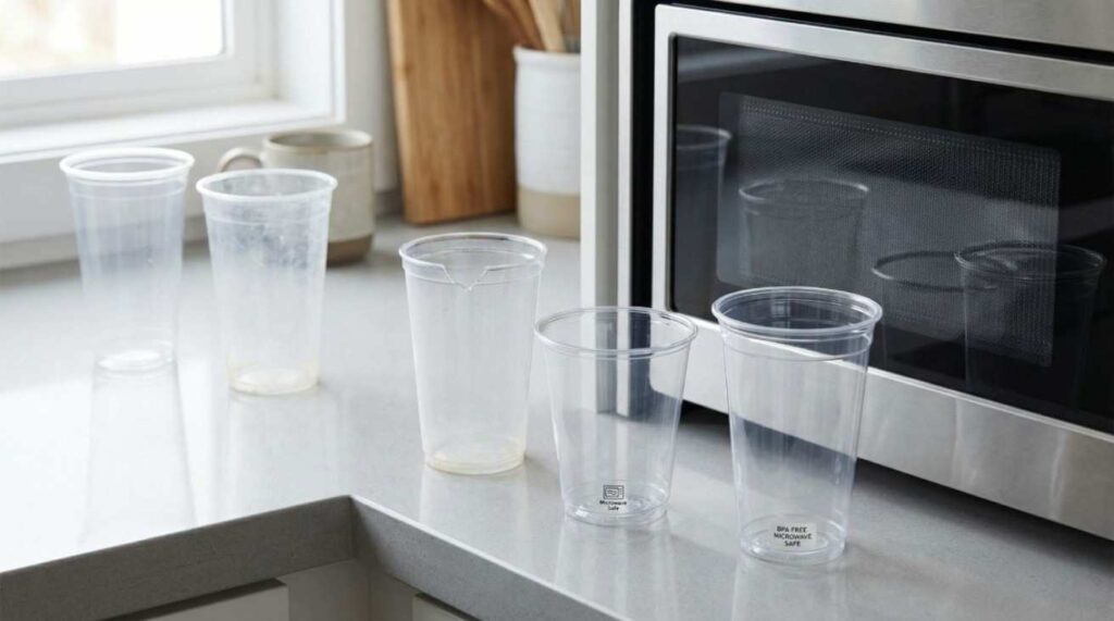 Plastic cups in a kitchen showing safe and unsafe practices for microwaving, including damaged and worn cups