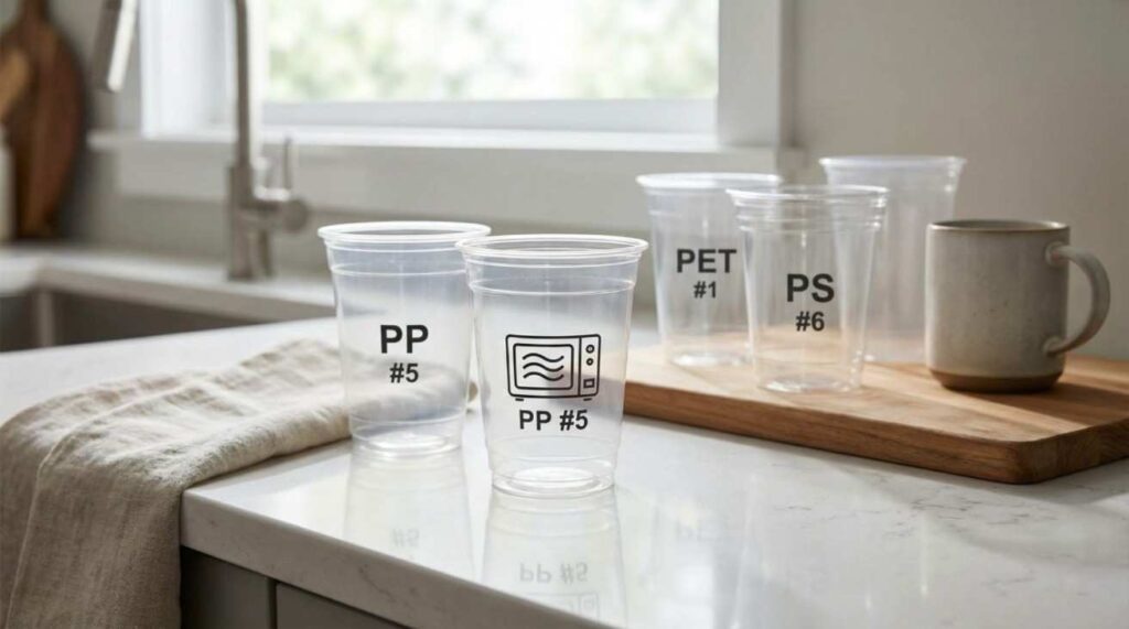 A variety of plastic cups on a kitchen counter showing microwave-safe symbols, recycling codes, and a glass cup as a safe alternative