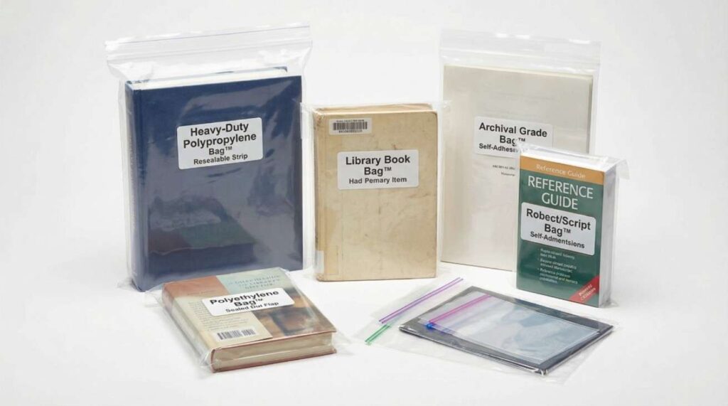Plastic bags for books showing polypropylene and polyethylene types for safe, waterproof, and dustproof book storage.