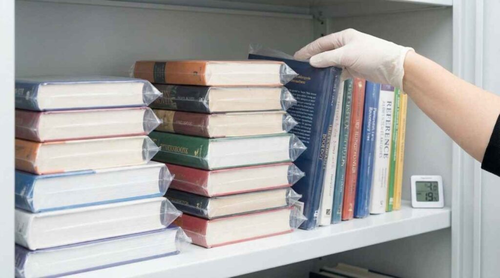 Best practices for using plastic bags for books, showing clean storage, airflow, regular checks, and replacement for long-term protection.