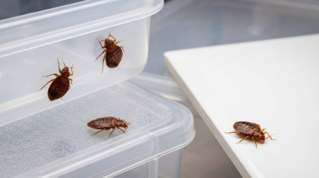 Realistic depiction of bed bugs crawling on plastic surfaces including bins and containers, showing movement without nesting.