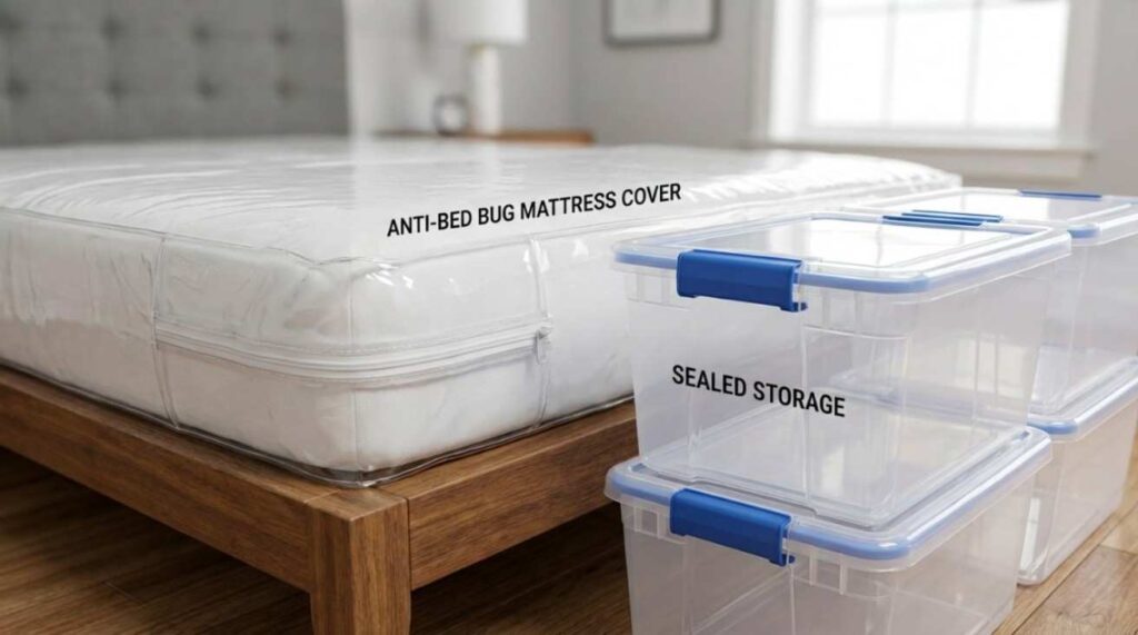Realistic illustration of bed bug prevention using plastic mattress encasements and storage bins in a clean, organized household setting.