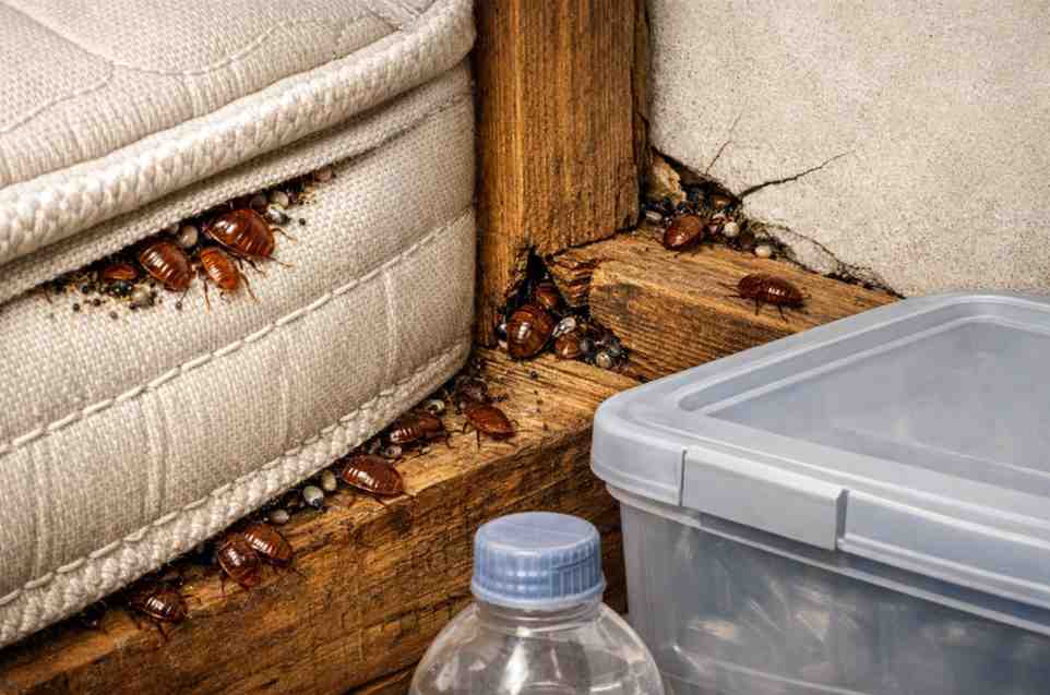 Close-up realistic image showing bed bugs hiding in mattress seams, wooden cracks, and wall crevices, with plastic storage containers and a water bottle nearby, illustrating that bed bugs avoid smooth plastic surfaces