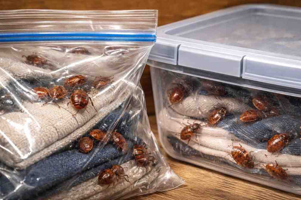 Close-up realistic image of bed bugs trapped inside a ziplock bag and a sealed plastic container with folded clothes, illustrating that plastic isolates but does not kill them