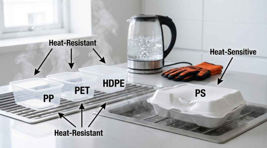 Comparison of heat-resistant and heat-sensitive plastics exposed to boiling water