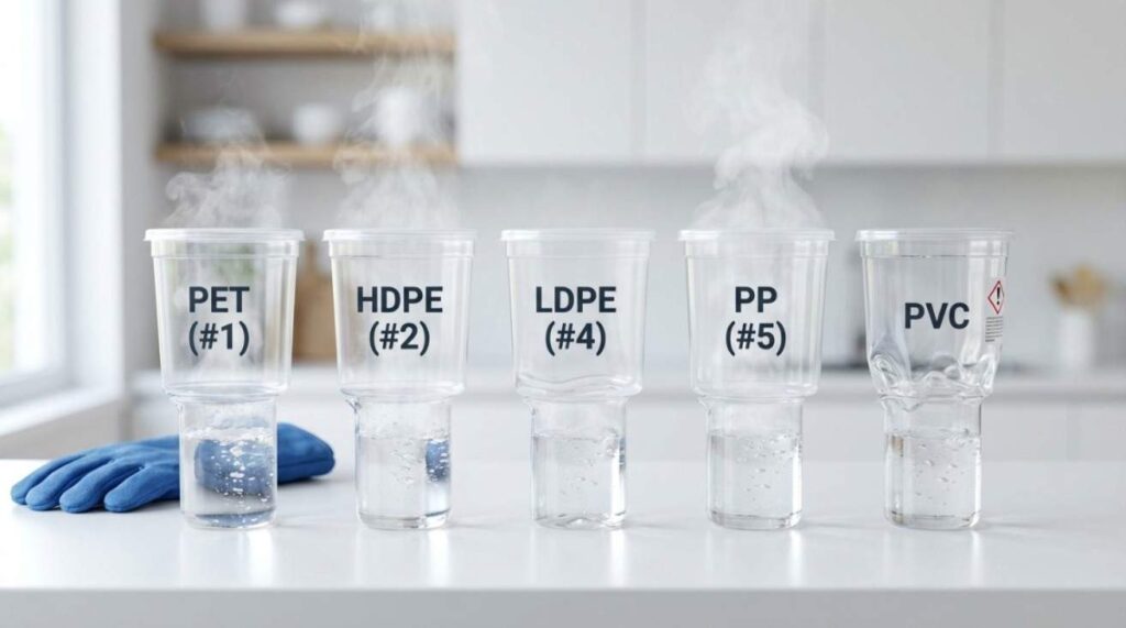 Comparison of common plastics showing their reactions to boiling water, including warping and heat resistance