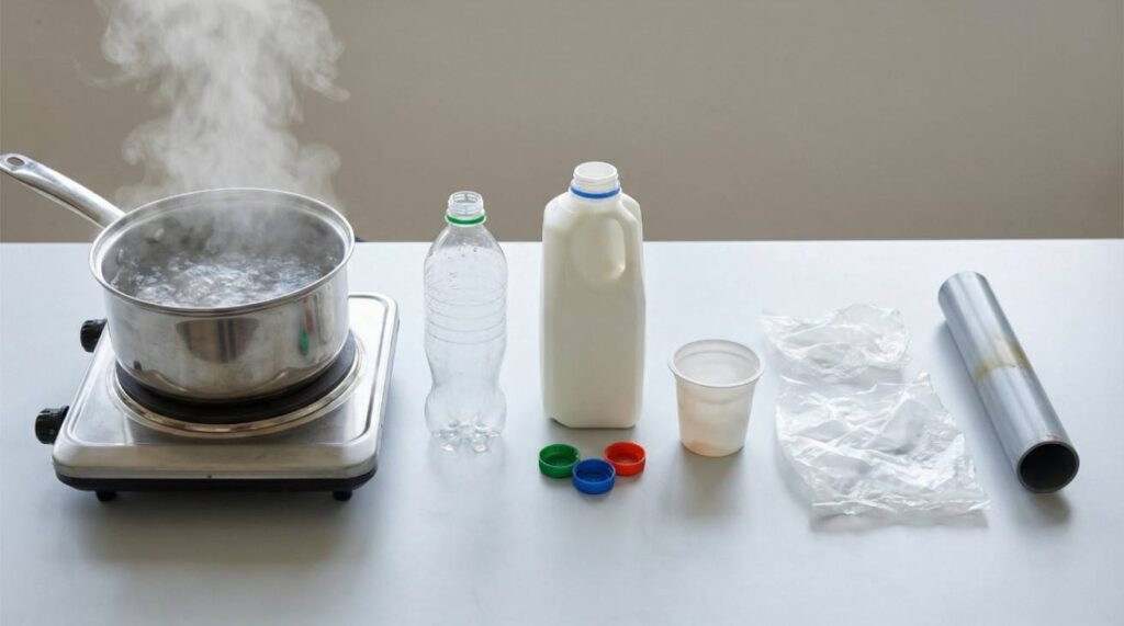 Realistic image showing boiling water next to different plastic containers, illustrating how various plastics react to heat, including softening or deformation