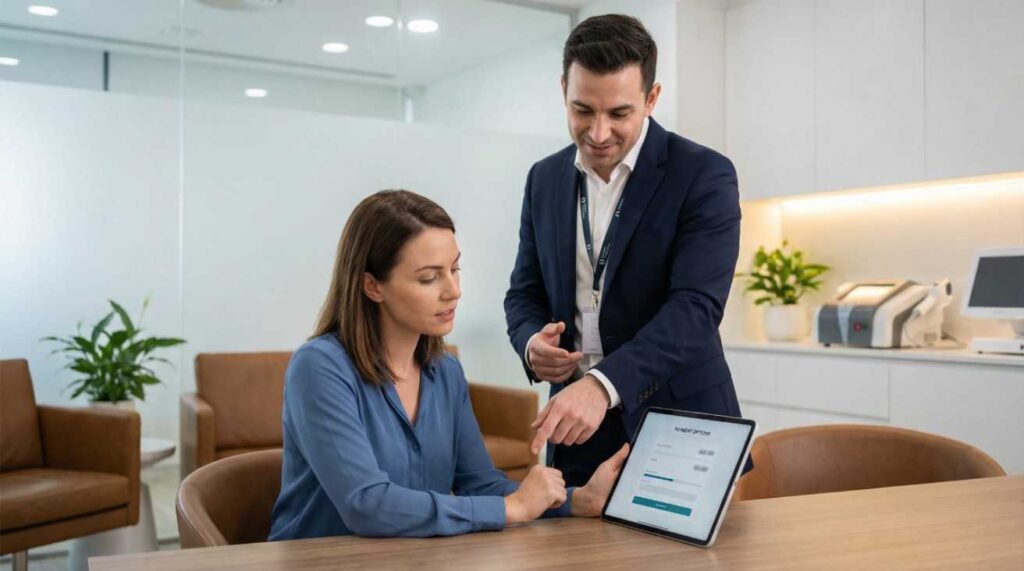 Can I Use Affirm for Plastic Surgery showing a patient reviewing digital payment options at a cosmetic surgery clinic