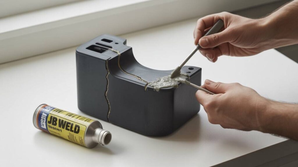 Can JB Weld be used on plastic showing epoxy applied to a rigid plastic surface for repair