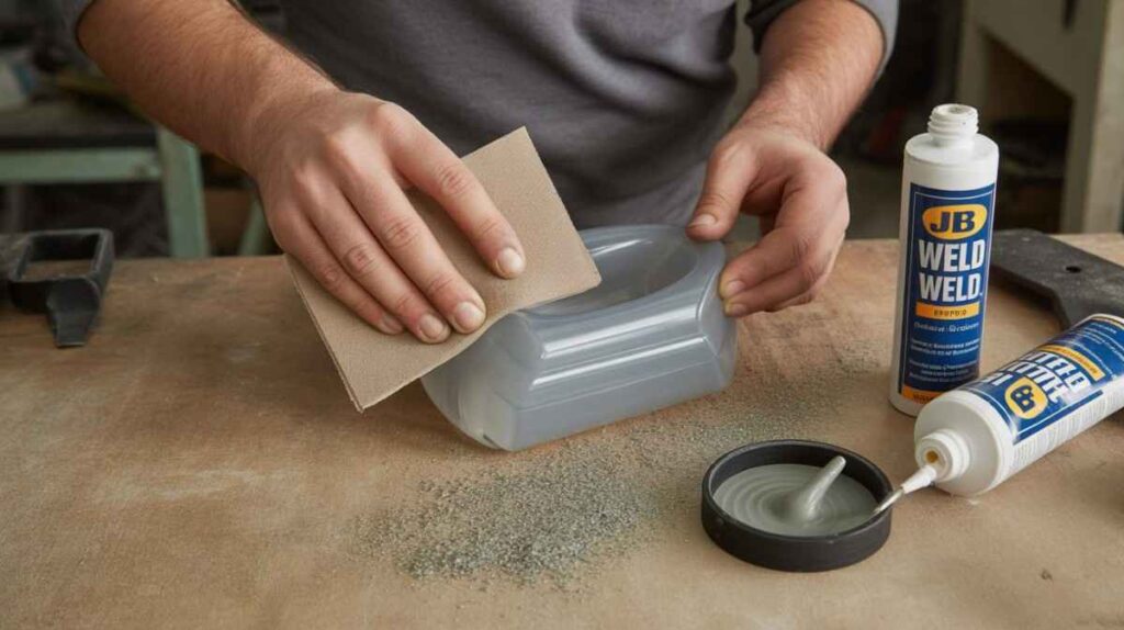 Can JB Weld be used on plastic showing proper surface preparation and epoxy application steps