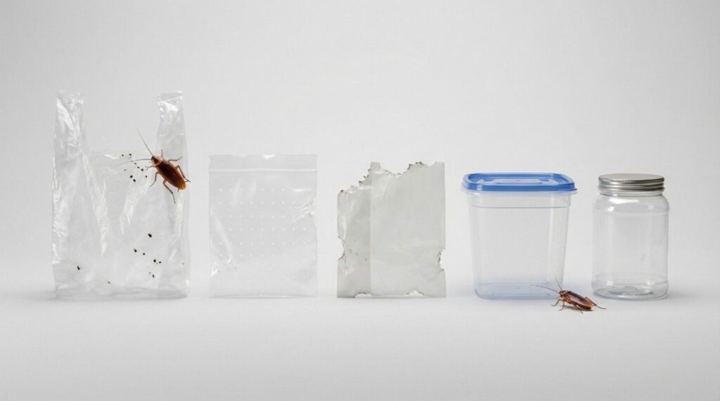Plastic vulnerability comparison showing whether can roaches eat through plastic bags, wraps, and rigid containers